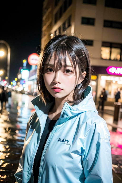 00421-3823270410-bangs, soft lights,hair accessories, city, night, raincoat, wet clothes,, (8k, RAW photo, best quality, masterpiece_1.2), (reali.png